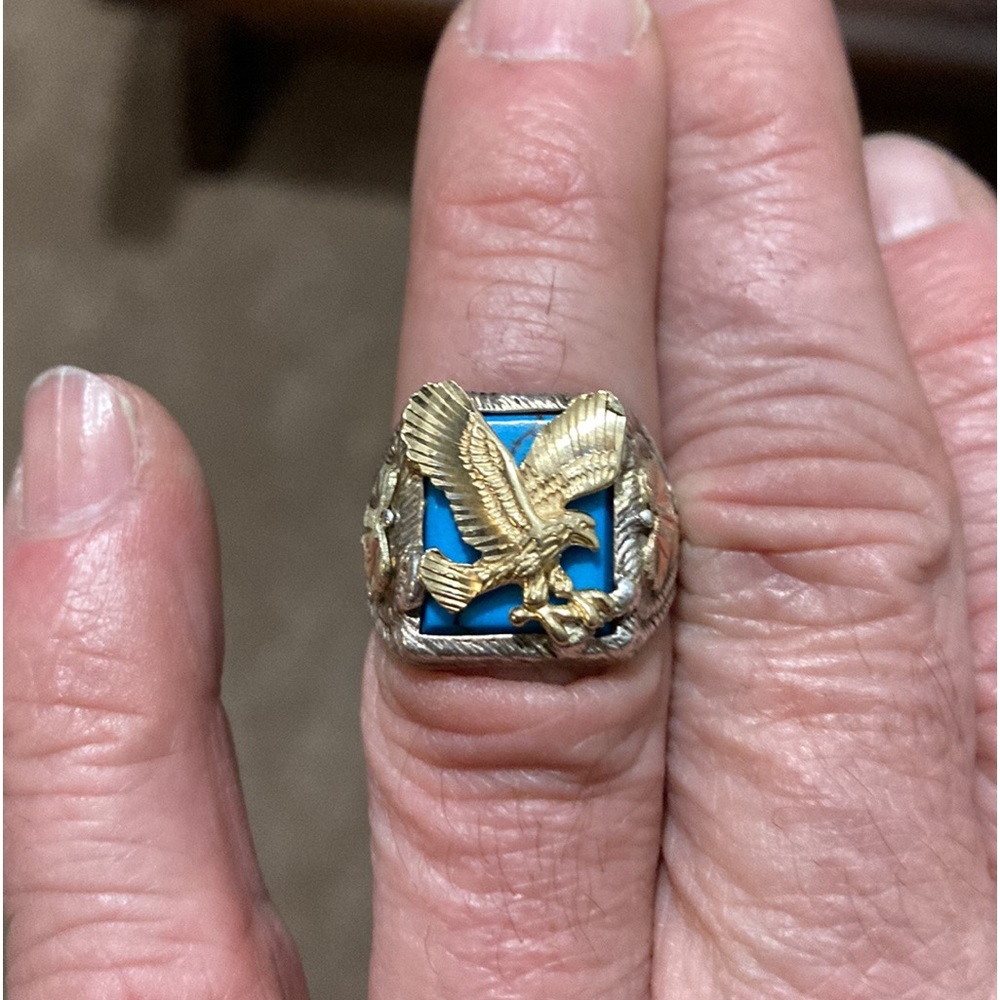 Sterling and 14k Black Hills Gold ring. With Eagle and Turquoise.